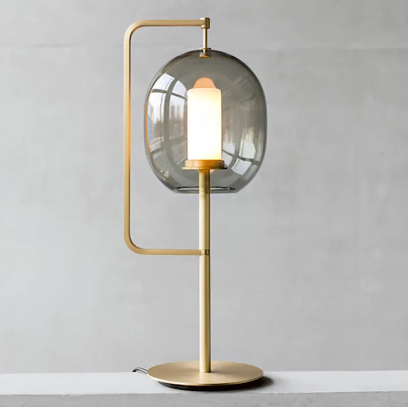 Nordic Egg Shape Gray Glass Shade LED E27 Iron Plated Gold / Black Base Table Lamp Button Switch EU Plug In Type For Bedroom