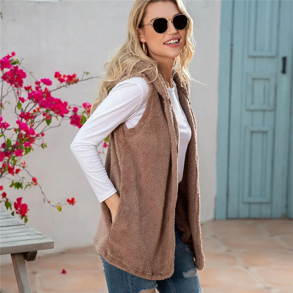 Women Oversized Teddy Fleece Sweater Hooded Plus Size 5XL Sherpa Vest Winter Warm Sleeveless Waistcoat