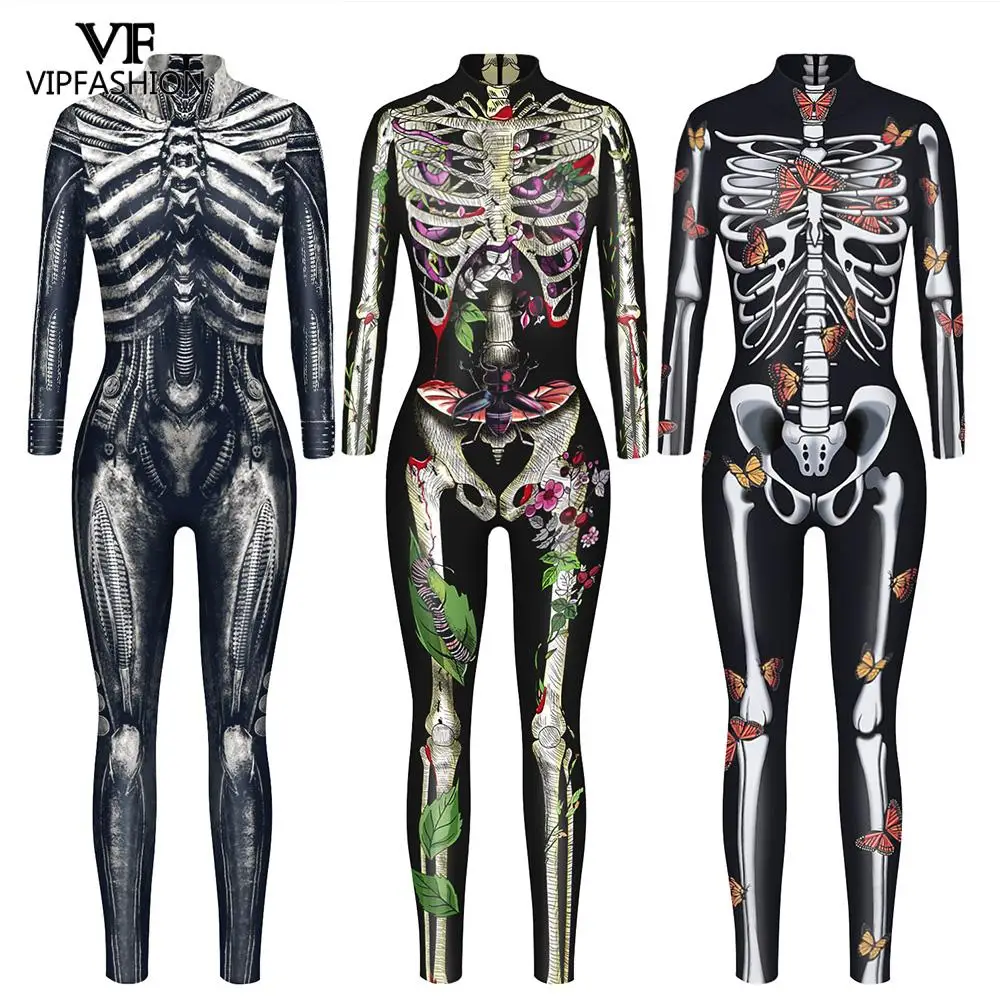 VIP FASHION Halloween Skeleton Ghost Costume Carnival Party Cosplay Costume Printed Jumpsuit Bodysuit For Adult Zentai Suit