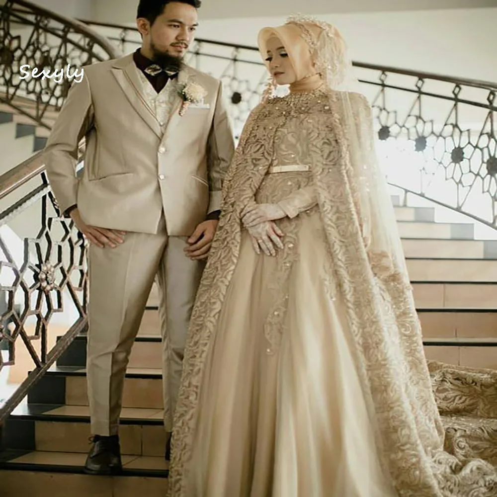 Luxury kaftan Muslim Wedding Dresses With Cape Elegant Lace Long Sleeve Dubai Bridal Gowns Bohemian Country Bride Customized