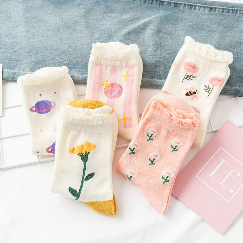 Women Socks Flower Plant Kawaii Cute Funny Casual Female Cotton ruffle White Hosiery Streetwear Harajuku Crew Sock Calcetines