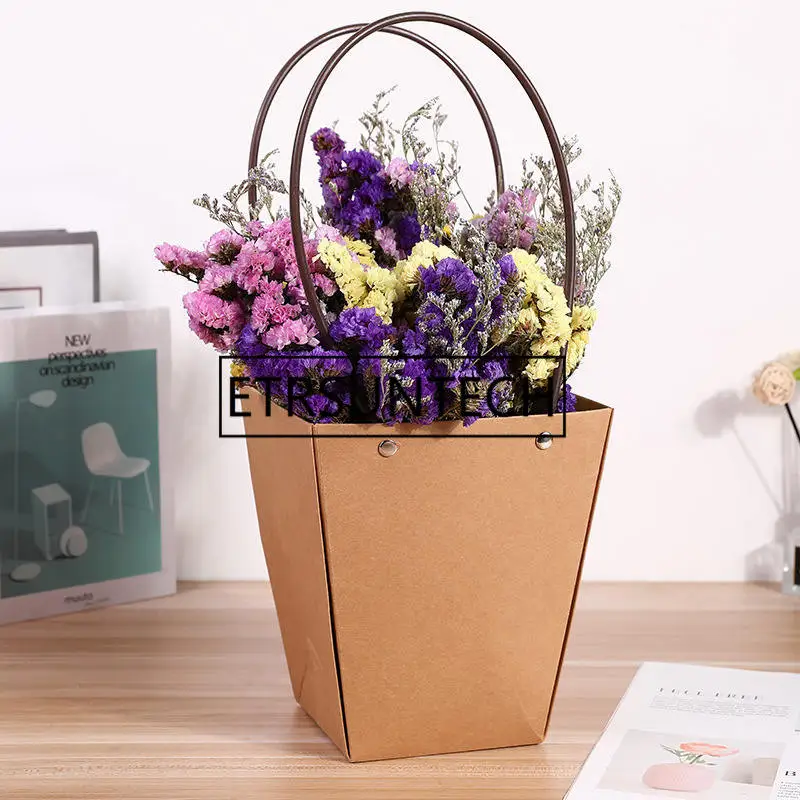 100Pcs Kraft Paper Flower Gift Bag Waterproof With Handle Plant Package Bags Plant Decoration Irregularity Paper Bag