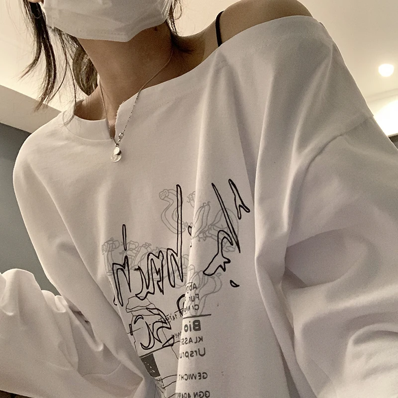 Y2K T-shirt Fairy Grunge 2023 Vintage Letter Print Tops Black Autumn Off Shoulder Long Sleeved Korean Tees Loose Harajuku Shirt