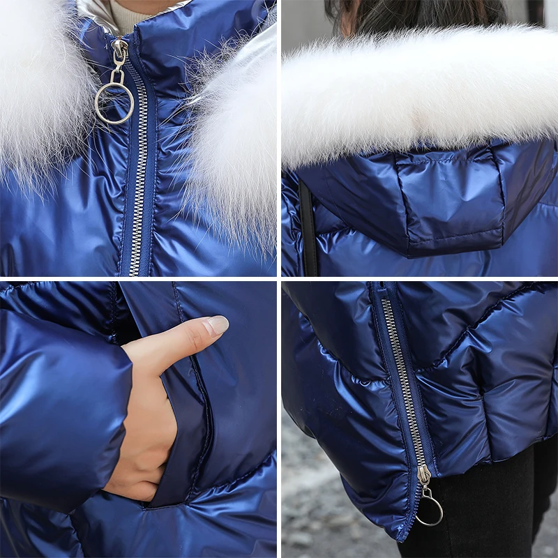 Women\'s Long Parkas Solid Hooded with Fur Plus Size Fluffy Ladies Shinny Casual Winter Jacket Zipper Puffer Coat for Female