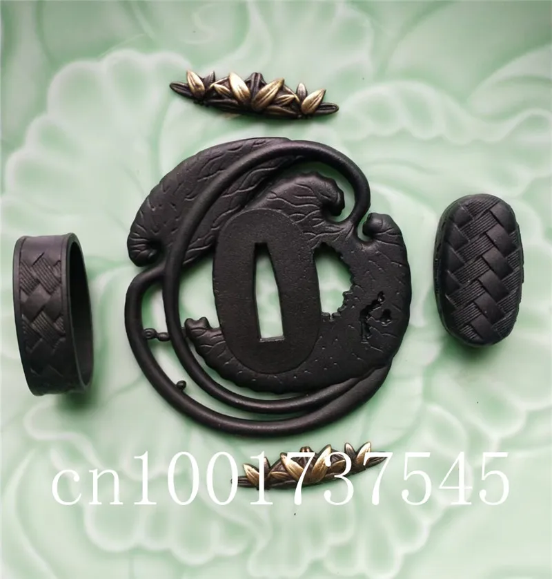 Black  iron lotus leaf Tsuba and fuchi menuki pattern for Japanese Samurai sword Katana