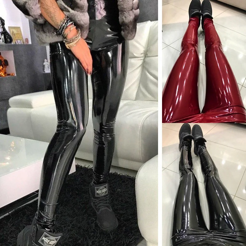 Sexy Women's Leggings Leather Pants Reflective Shine Sexy Warm Pants Tight High Waist Thin Back Zipper Sexy Women Tight Trousers