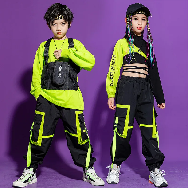 Kid Kpop Hip Hop Clothing Sweatshirt Crop Top Streetwear Tactical Cargo Jogger Pants for Girls Boys Jazz Dance Costume Clothes