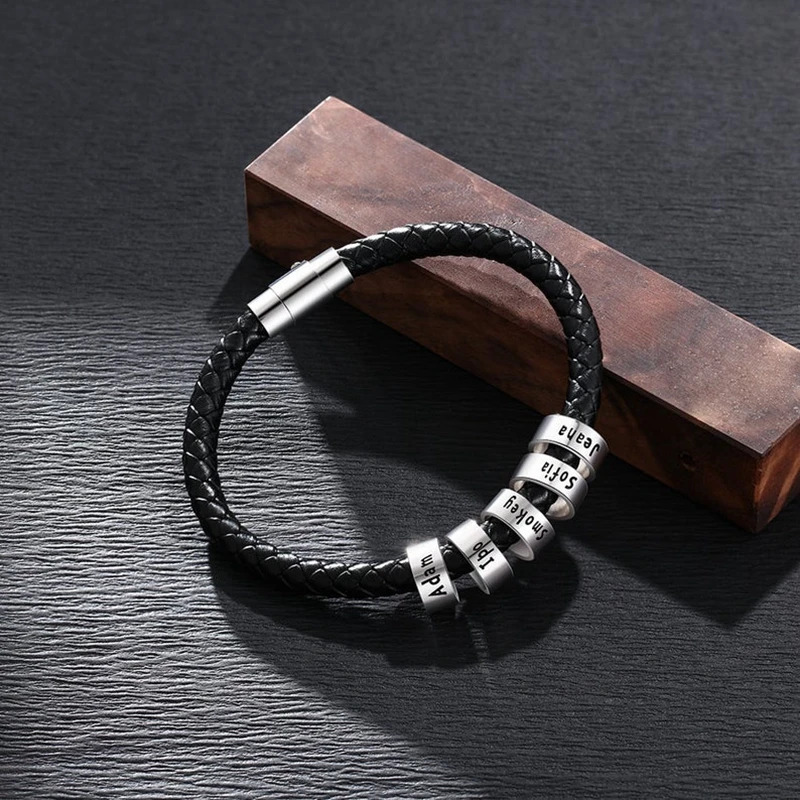 Black Genuine Leather Bracelet Customized Personality Men Jewelry Engrave Family Name Stainless Steel Bangle Men Women Gifts