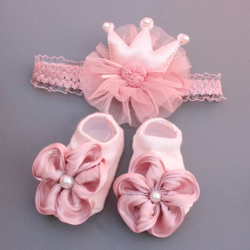 2 Pcs/Set Elastic Bab Headband Socks Set Lace Flower Newborn Girl Short Socks Bow Crown Infant Baby Turban Hairband