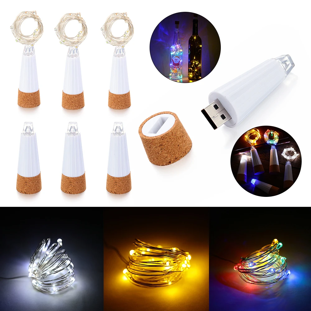 Botella de corcho de luz de hadas, lámpara de cadena de decoración interior, recargable por USB, para dormitorio, fiesta en casa, boda, Navidad, 2m, 20 LED