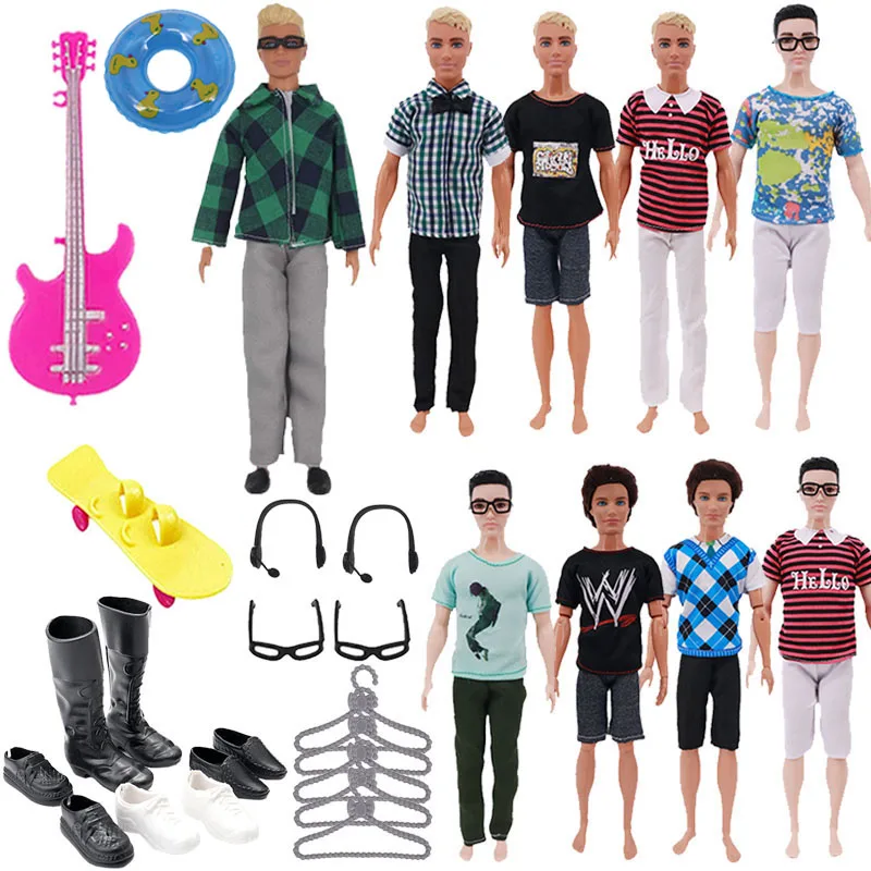 30PCS Male Ken Doll Clothes Set = 5Set Clothes+5Racks+4Pairs Of Shoes+1Swimming Ring+1Guitar+1Skateboard+2Glasses+2 Earphones