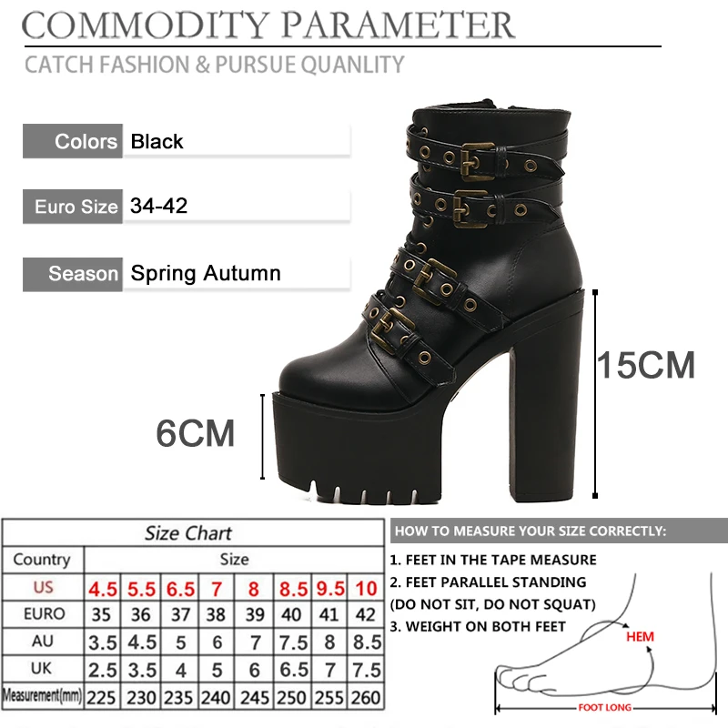 BYQDY Autumn Ankle Motorcycle Boots for Women Buckle Strap Plus Size 42 Retro Rivets Block Heel Double Platform Footwear Zipper