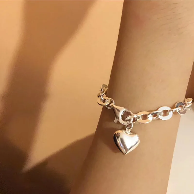 Foxanry Silver Color Thick Chain Bracelet Summer New Trend Punk Vintage Charm Sweet LOVE Heart Tassel Party Jewelry Gifts