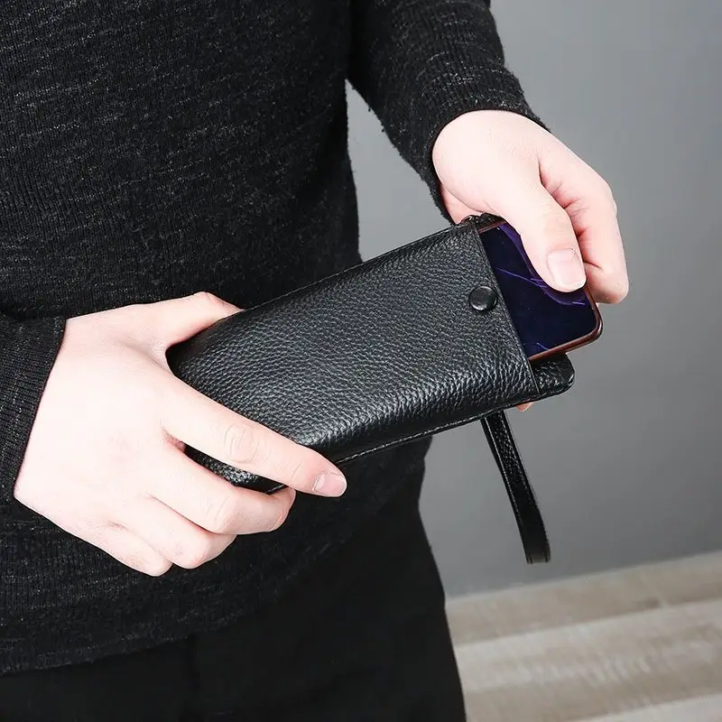 Portefeuille Long et mince en cuir véritable pour femmes, porte-monnaie à fermeture éclair, pochette de poignet de grande capacité, porte-monnaie pour téléphone