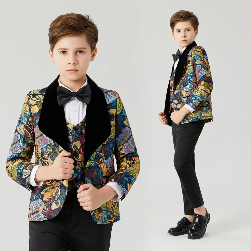 Children\'s Jacquard suit Flowers Boys Suits Wedding Formal Children Suit Tuxedo Dress Party clothing vest pant coat Costumes