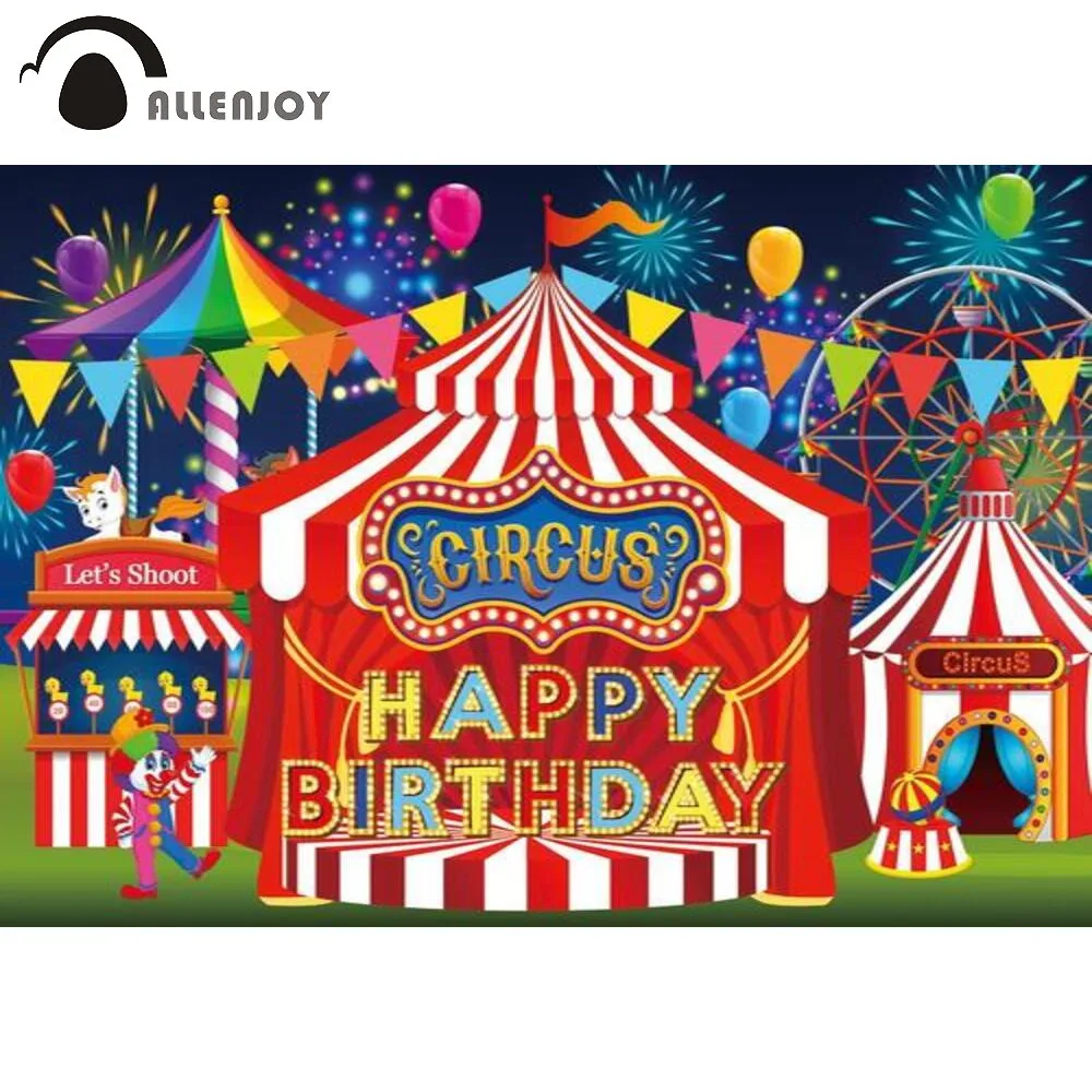 

Allenjoy Birthday Party Background Circus Theme Red White Stripe Clown Play Show Firework Balloon Backdrop Photocall Photo Props