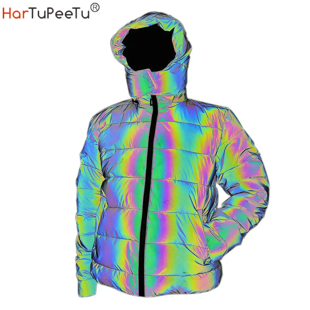 Women Colorful Rainbow Reflective Winter Jacket Windbreaker Reflecting Glow Hooded Parka Young Men Warm Padded Coat DropShipping