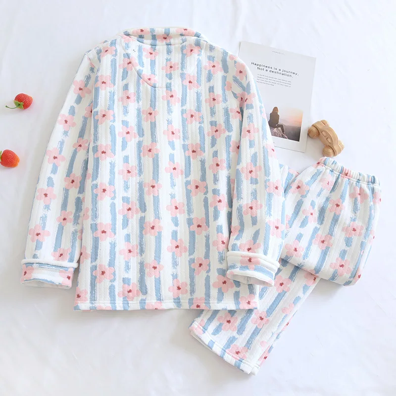 New winter ladies pajamas, long-sleeved trousers, pure cotton quilted thickening cute flowers plus size home service 2-piece set