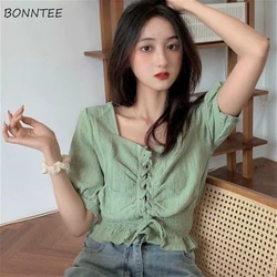 Blouses Women Chic Lace-up Design Simple All-match lovely ins Slim Summer Ladies Crop Tops Chiffon Soft Vintage Womens Shirts