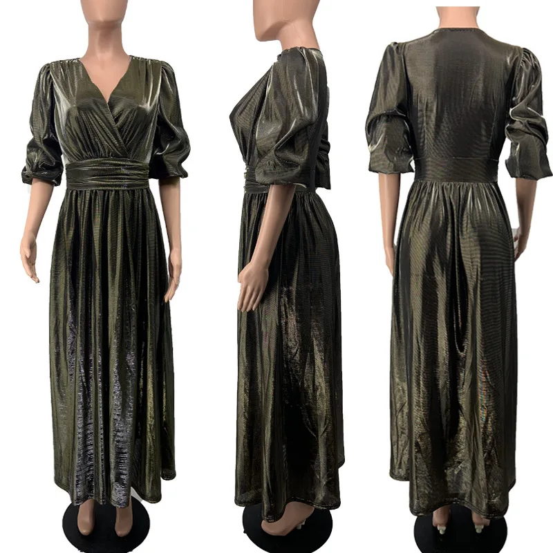 NingPrinting-Robe longue plissée à col en V pour femmes, vêtements africains, robe de soirée sexy, grande taille, monochromatique, or, fendu, taille haute