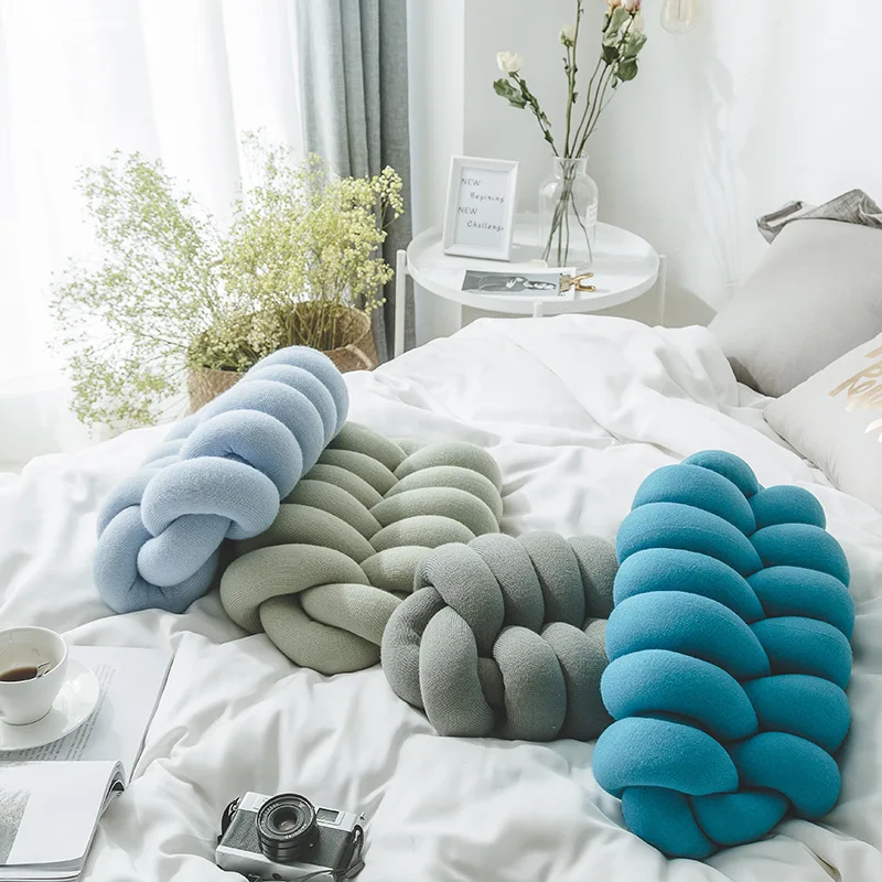 

Ins Trendy Handmade Knitted Lumbar Pillow Knot Cushion Solid Color Big Soft Lumbar Pillow Fashion Cute Pillow Rectangle Cushion