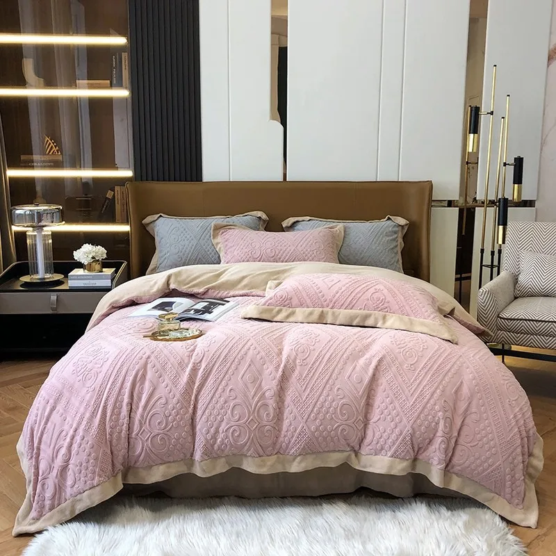 3D Carved Velvet Thick Duvet Cover Set Zipper Solid Pink Gray Embroidery Luxuious Bedding set Bed Sheet Pillowcases Ultra Soft