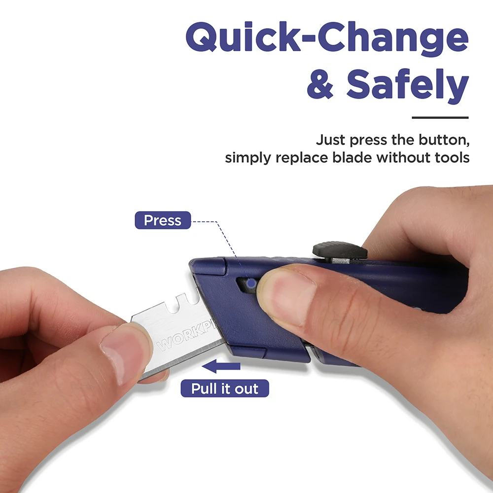 WORKPRO Quick Change Utility Knife With Storage Blue Retractable Box Cutter 10pcs SK5 Extra Blades Included