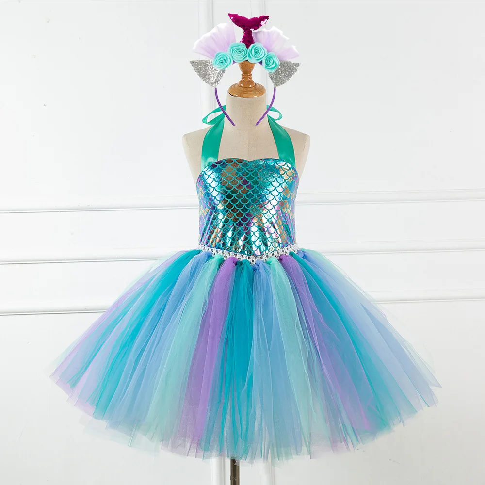 2020 New Girls Mermaid Princess Cosplay Tutu Dresses for Party Toddler Baby Girls Birthday Clothes Little Mermaid Girls Dress