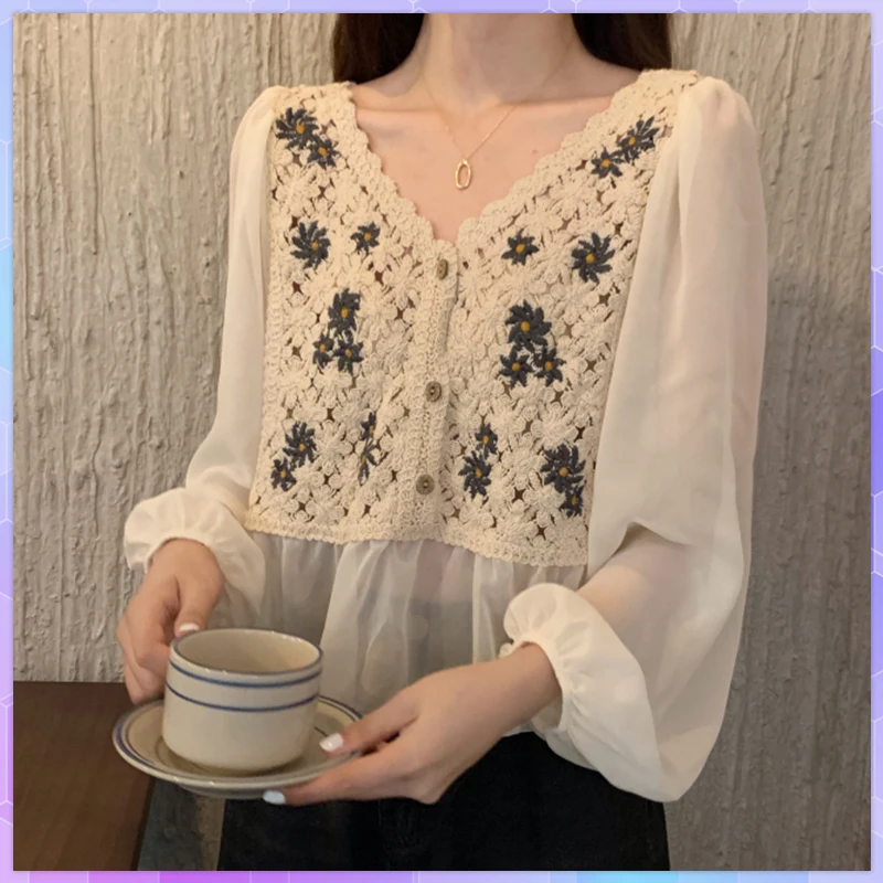 Sexy Lace Women T-shirt Transparent Mesh Chiffon Tops Long Sleeve Ladies V Neck T-Shirts Embroidery Hollow Out Top Basic