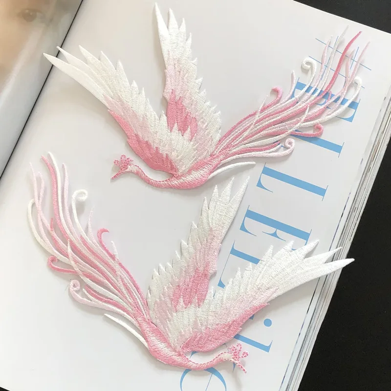 1Pair  17*12 Grey Embroidery Patches Clothing Applique Iron Phonexi Birds DIY Embroidered Stickers For Dress Desiger Pink Beige