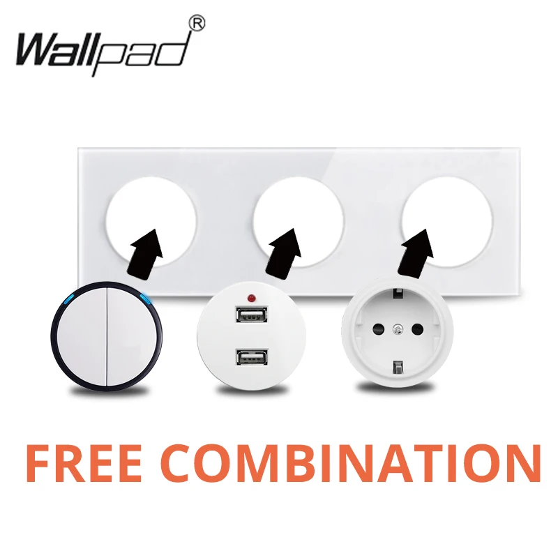 Wallpad L6 White Crystal Glass Wall Light Switch EU French Socket USB Charger RJ45 CAT6 Modules DIY Free Combination