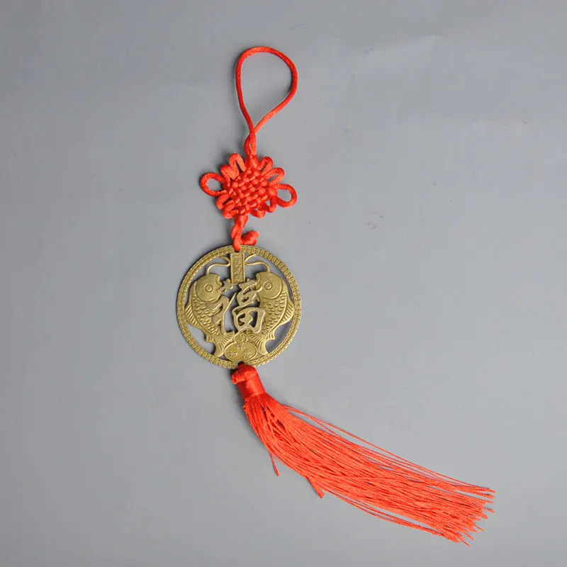 Ancient Chinese Two Fishes Feng Shui Auspicious Symbol Copper Coin Chinese Knot Keychain Pendant Auspicious Ruyi Collection Home