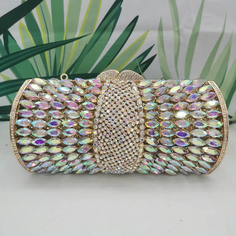 

WHTUOHENG Gold Metal AB Rhinestone Crystal Evening Clutch Fashion Diamond Women Wedding Handbags Small Cellphone Purses