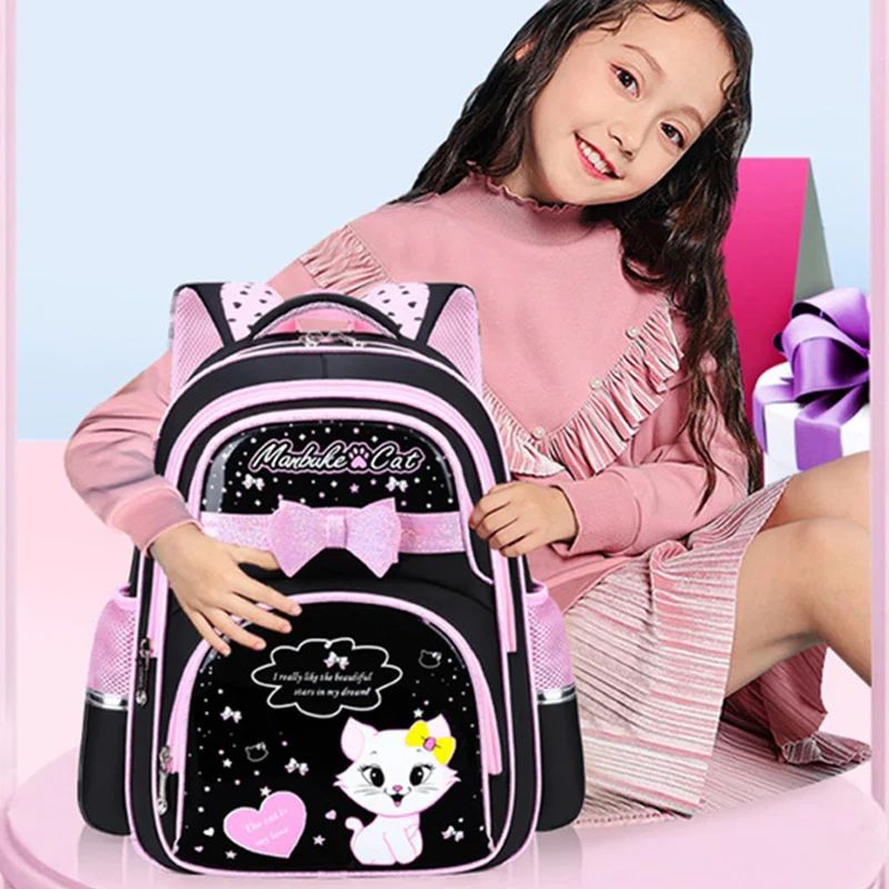 Mochila escolar de PU con lazo negro y rosa para niña, morral ortopédico Kawaii para niños de 6 a 12 años