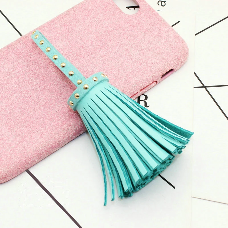 AIJJU 2 Pcs Colored PU Leather Gold Rivet Tassel DIY Craft Ornaments Keychain Tassels Jewelry Making Phone Shell Decor Pendants