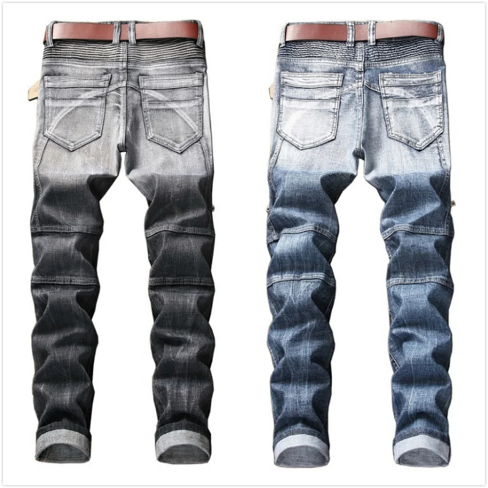 EH·MD® Zipper Pocket Men's Jeans Wave Decorative Denim Trousers Fashionable Blue And Gray Stitching Slim Stretch Different Color