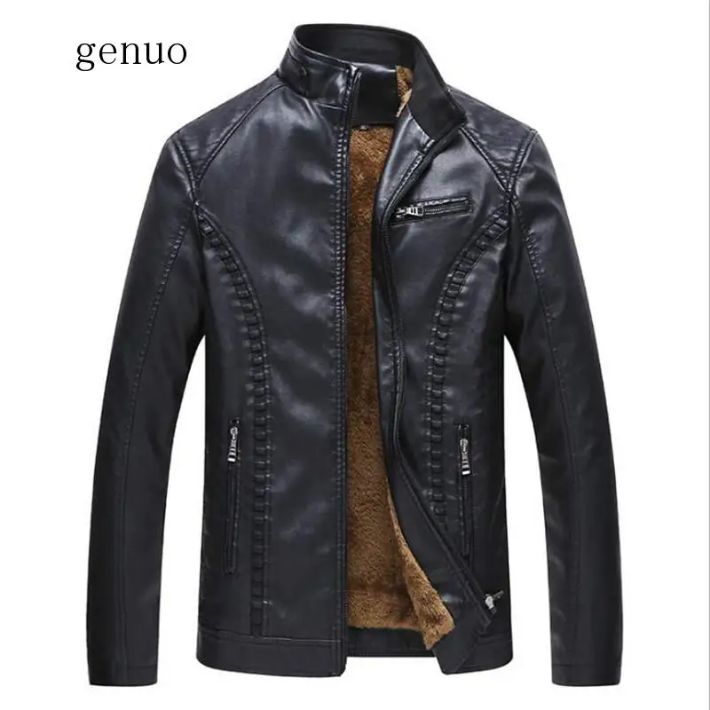 

2020 New Arrival Men Leather Jacket Winter Fleece Motorcycle Solid Stand Collar Thick PU Leather Jacket 6XL