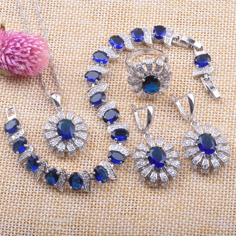 Royal Blue Sapphire 925 Sterling Silver Jewelry set for Women Bracelet Hoop Earrings Necklace pendant Ring YZ089