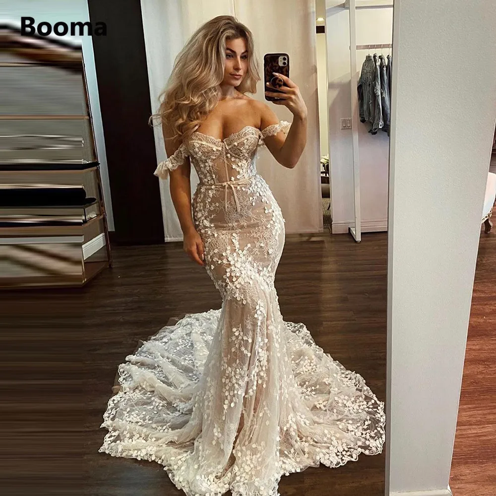 Booma-vestidos de novia de sirena con hombros descubiertos, traje de Novia de encaje completo, trompeta, princesa