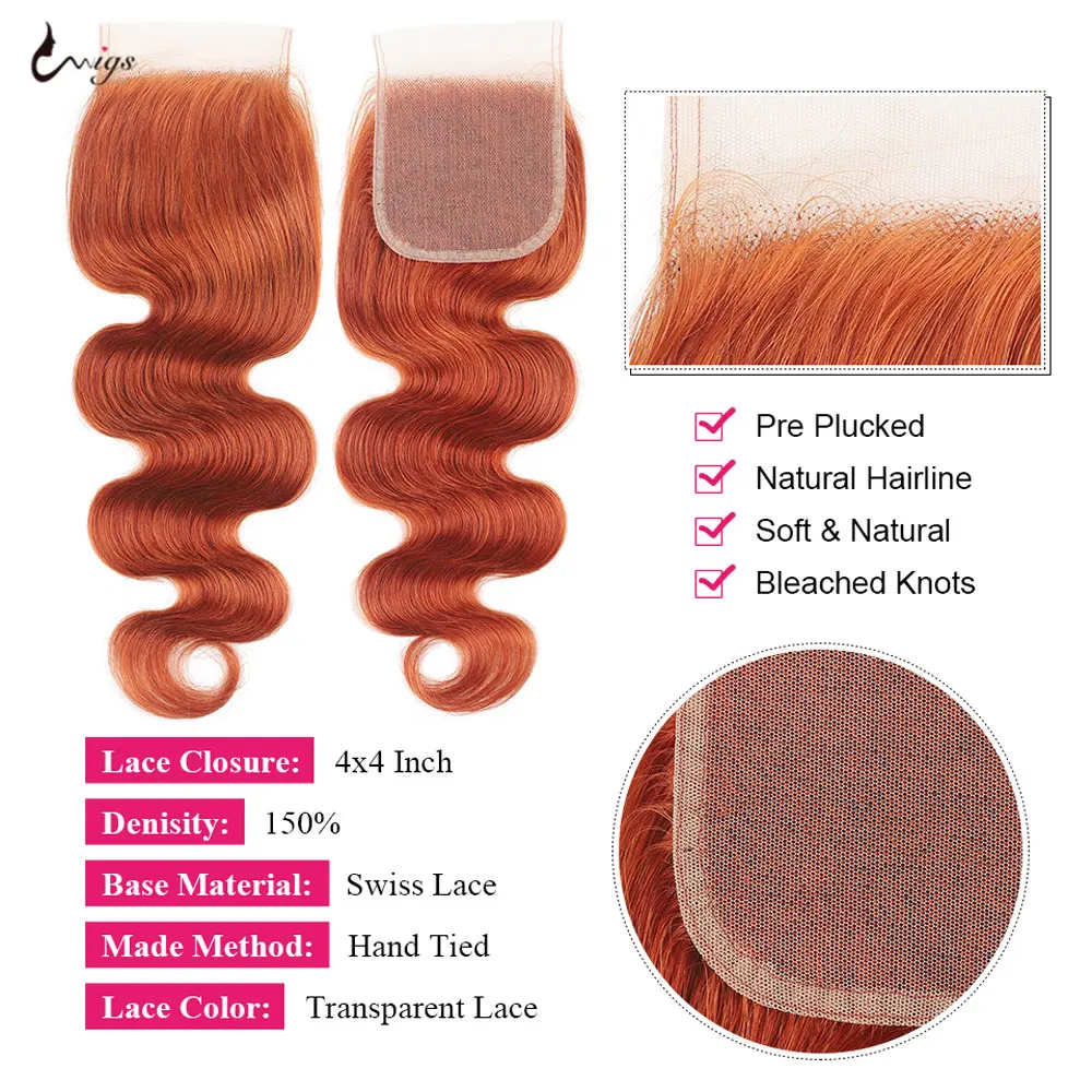 Ginger Human Hair Bundles With Closure Colored Red Body Wave 3/4 Bundles With Closure Brazilian Hair Weave Bundles with Closure