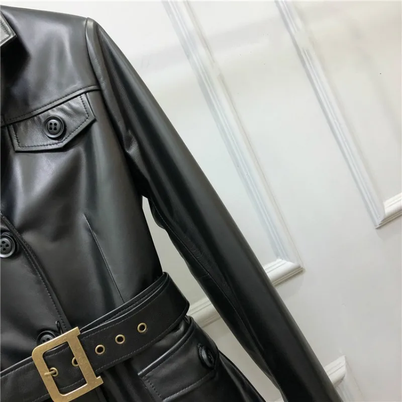 100% Genuine Leather Jacket Female Punk Short Coat Biker Pocket Slim Fit Sashes Windbreakers Office Classic Sheepskin Outerwear