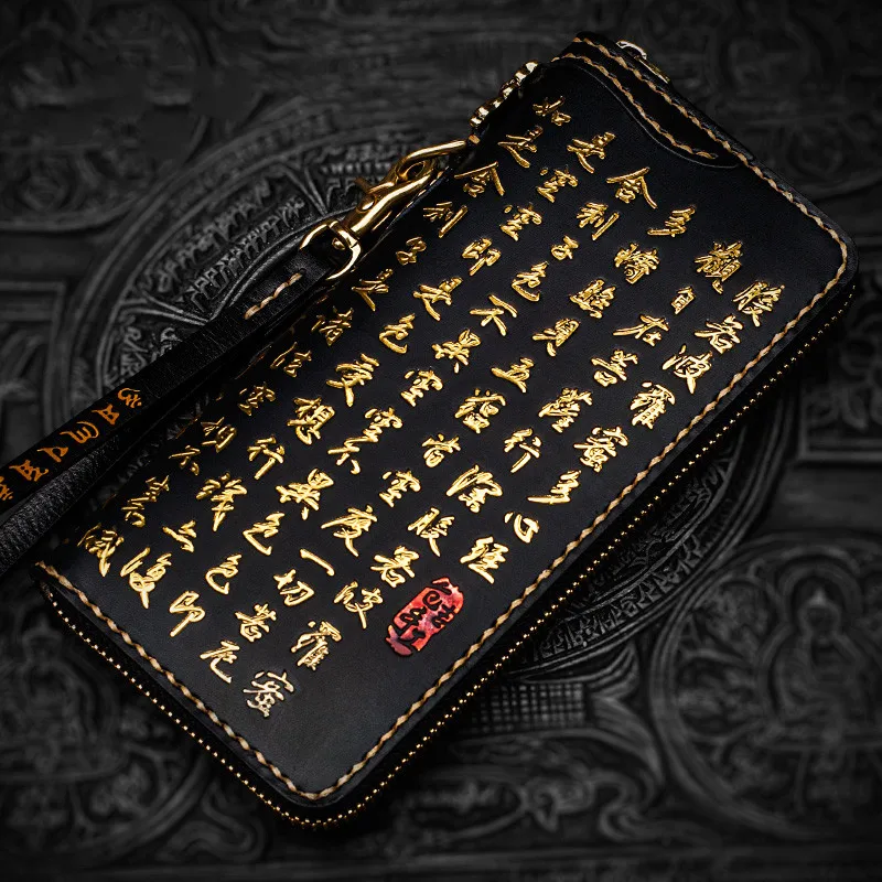 Handmade Genuine Leather Carving Chinese Characters Wallets Bag Purses Women Men Long Clutch Vegetable Tanned Leather Wallet