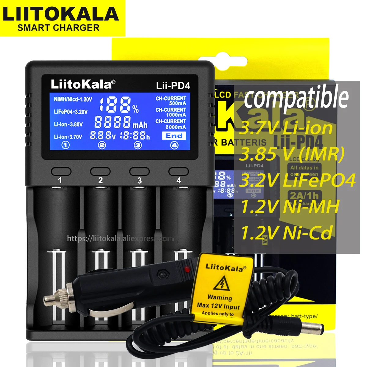 

Liitokala Lii-PD2 Lii-PD4 LCD 3.2V 3.7V 3.8V 1.2V 25500 18650 18350 26650 20700 14500 NiMH Lithium LiFePO4 Battery Charger