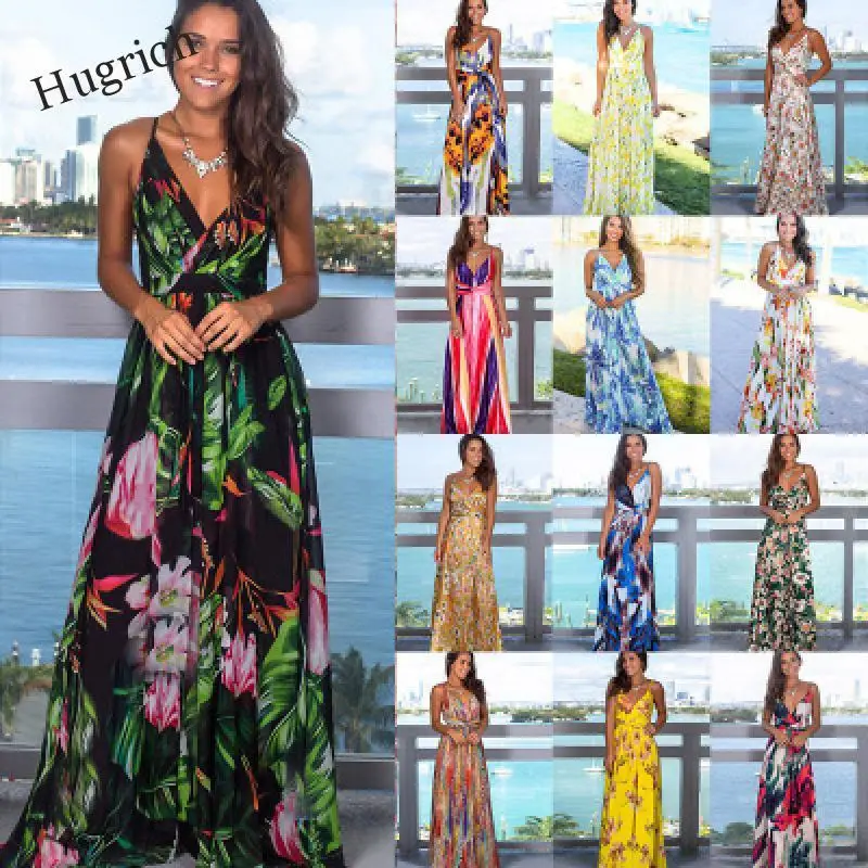 

2020 Multicolor Tropical Jungle Leaf Boho Long Dress Sling Cross Back Women V neck Party Night Elegant Sexy Maxi Summer Dresses