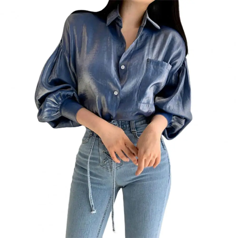 Loose Lady Shirt Patchwork Solid Color Turn-down Collar Women Blouse for Going Out