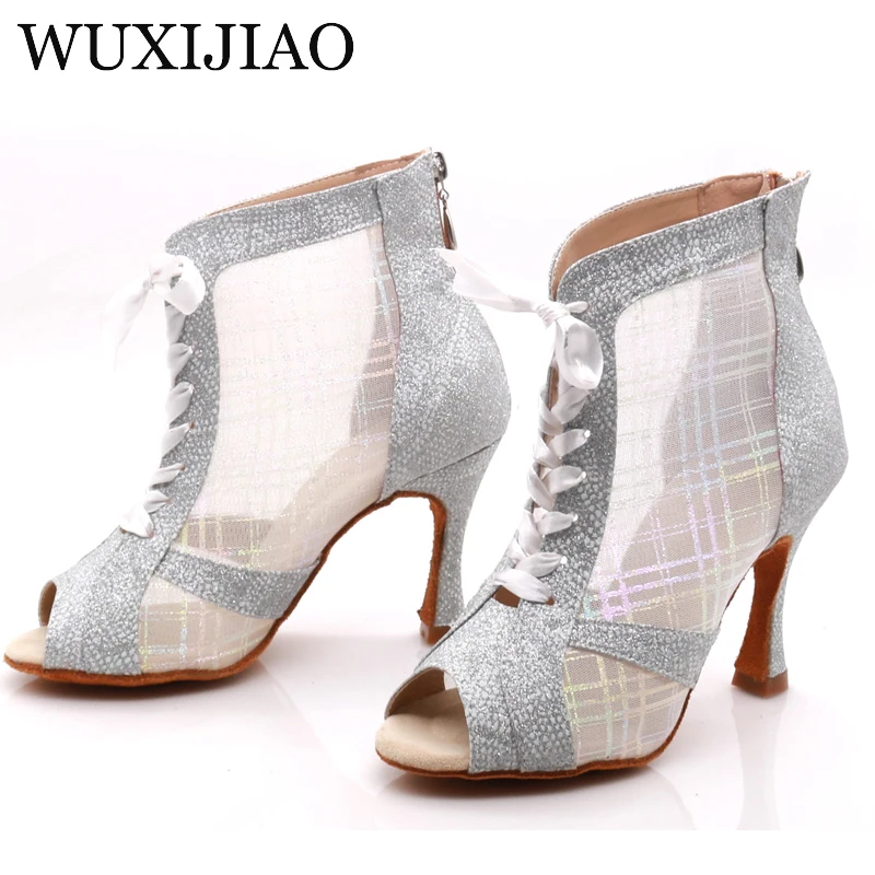 WUXIJIAO-Botas altas de baile latino para mujer, zapatos de suela suave, zapatos de salón de salsa, zapatos de baile de malla, tacones altos de Cuba