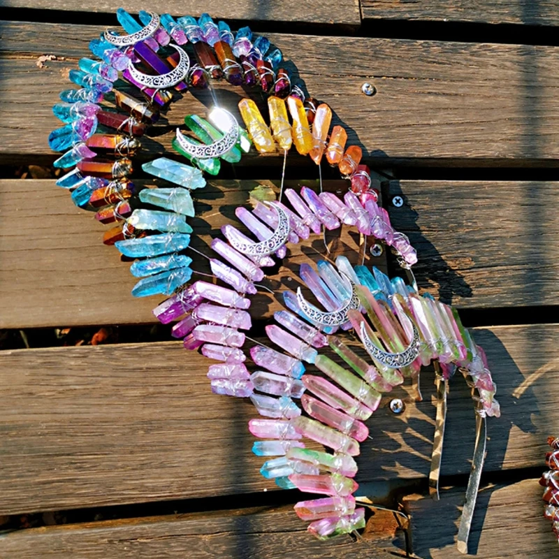 Romantic Colorful Jewelry Tiara Crown Rainbow Raw Quartz Crystal Headband Ethnic Antique Crescent Moon Metal Hair Hoop