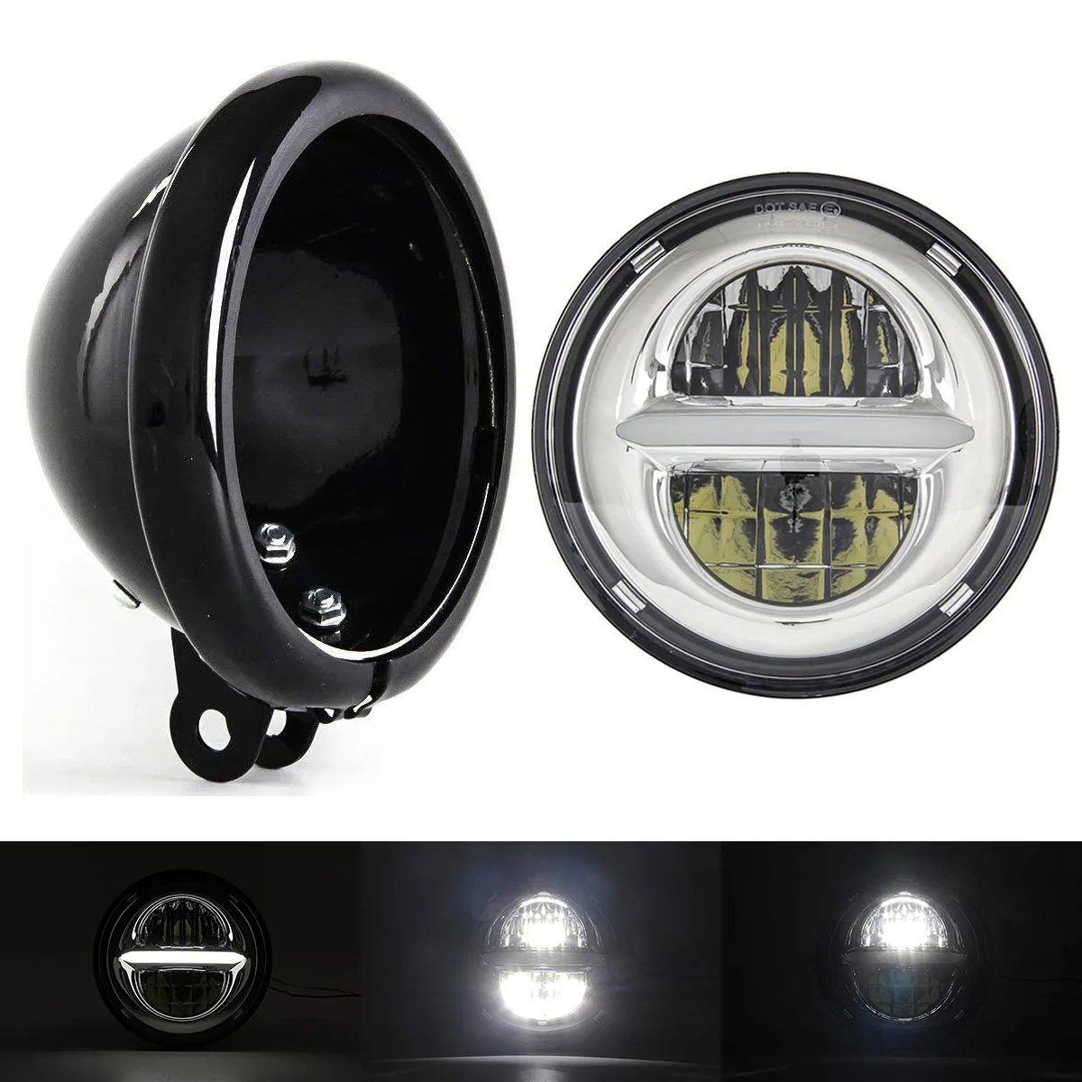 

1 PCS 5.75 Inch Motorcycle LED Headlight with 1 PCS 5.75 Inch Headlight Housing Bucket for Honda Kawasaki Victory Yamaha