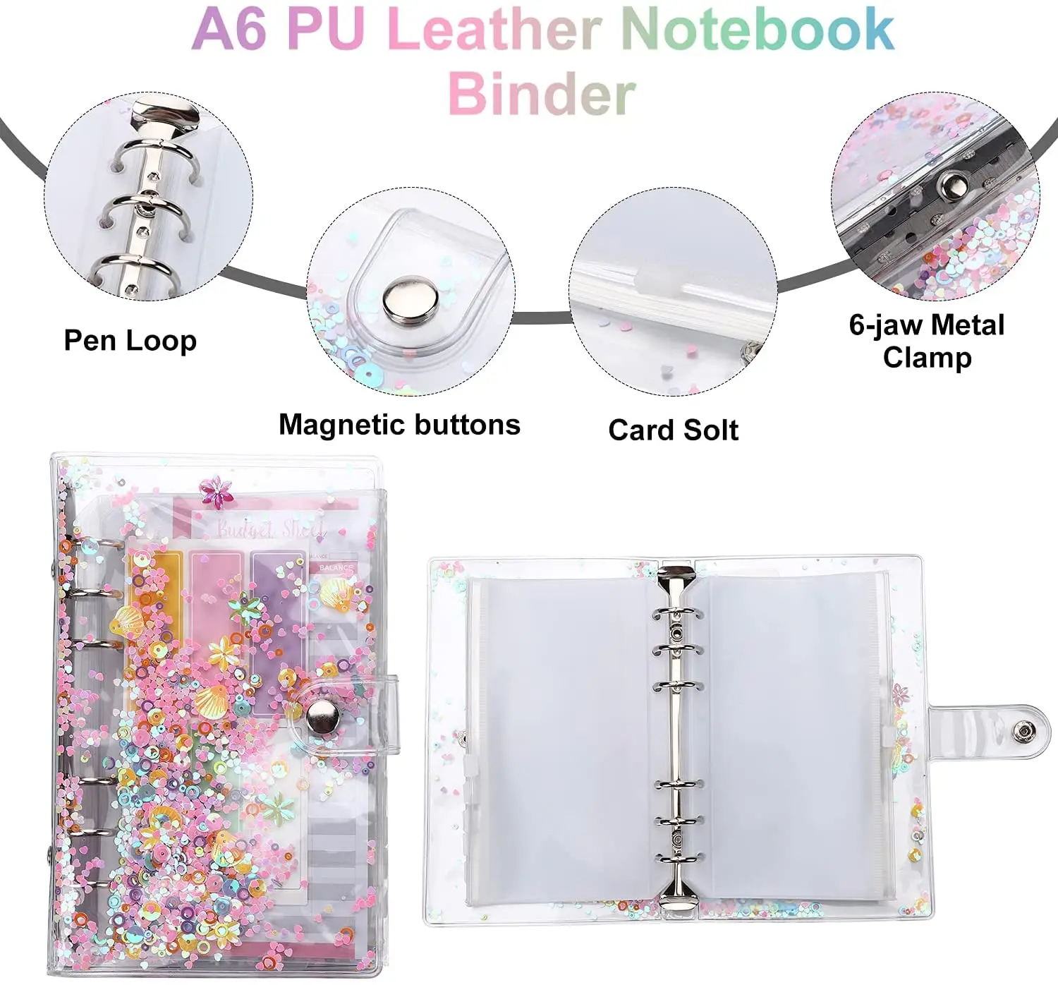 28 Pcs A6 Binder Budget Envelopes PVC Shell Sequins Notebook Cover, with Zipper Pockets,Budget Sheet,Color Stickers,Scale Ruler