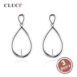 CLUCI 3 pair Simple Silver 925 Oval Earrings for Women Wedding Sterling Silver Classic Pearl Ring Mounting Jewelry SE152SB